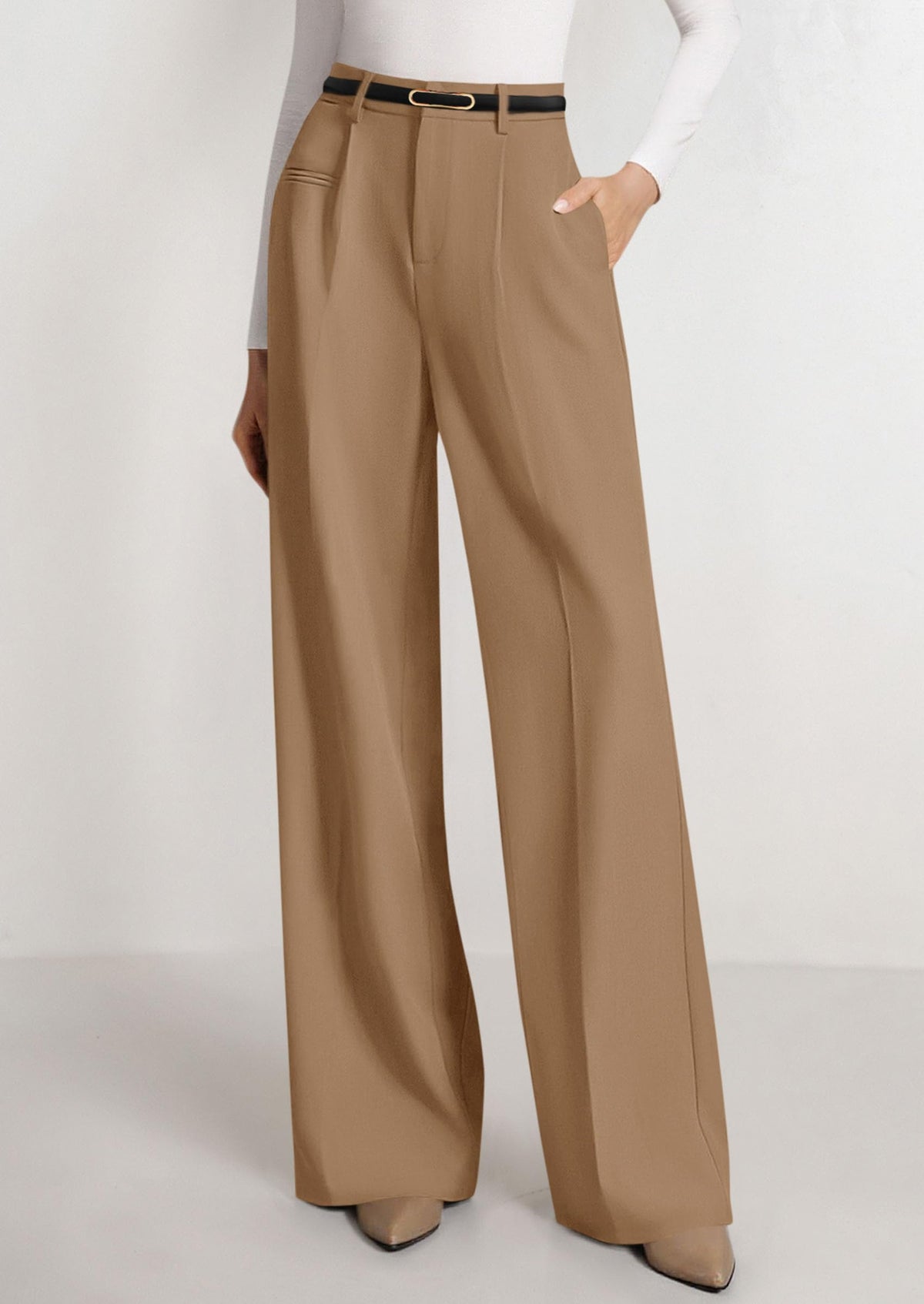 PRETTYGARDEN Women's Tailored Wide Leg Work Dress Pants,Khaki,L