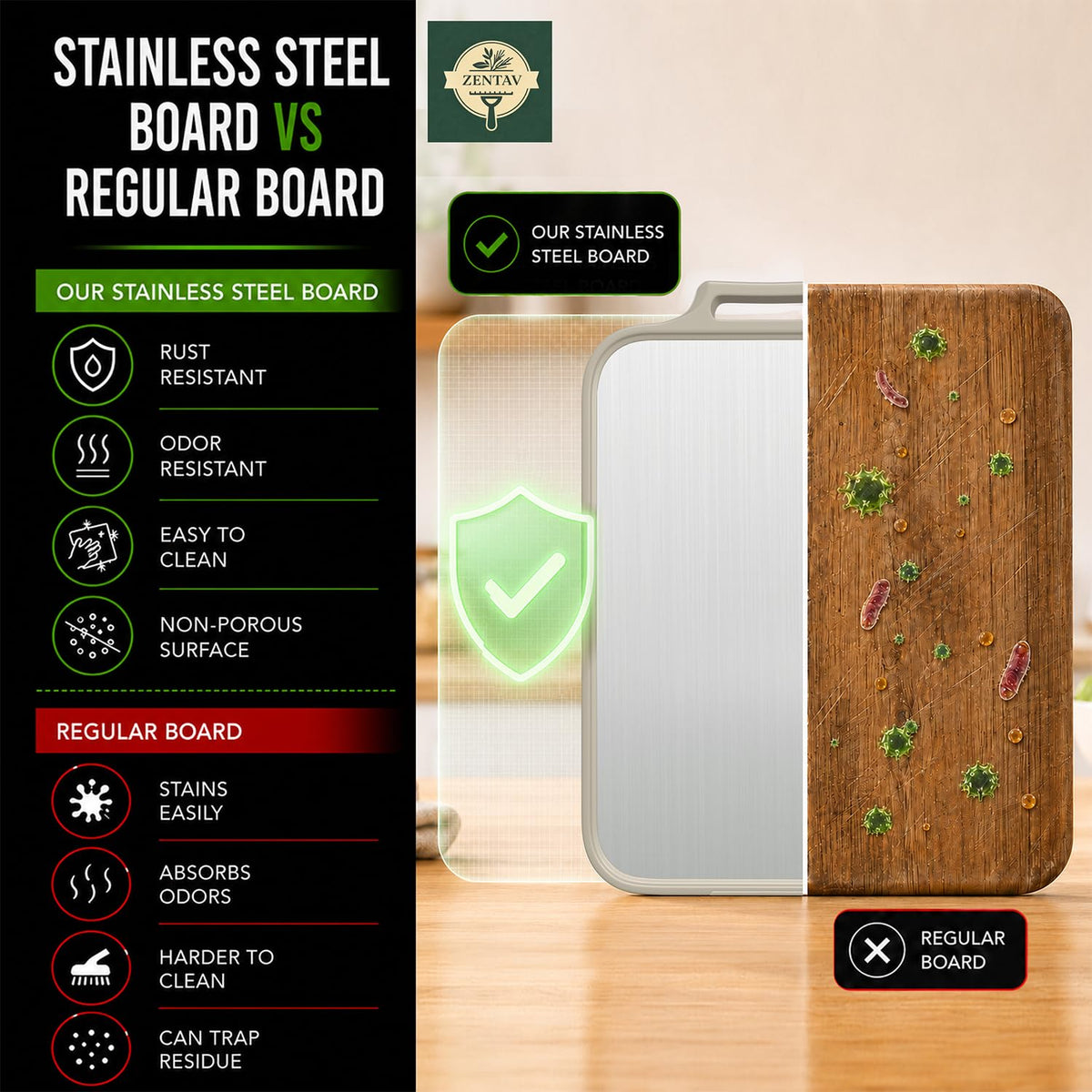 ZENTAV Single Stainless Steel Cutting Board Food Prep - 17" x 11" Double Sided Metal Cutting Board with Wheat Straw Side, Non-Slip Base, Built-in Shredder, Juice Groove & Stand