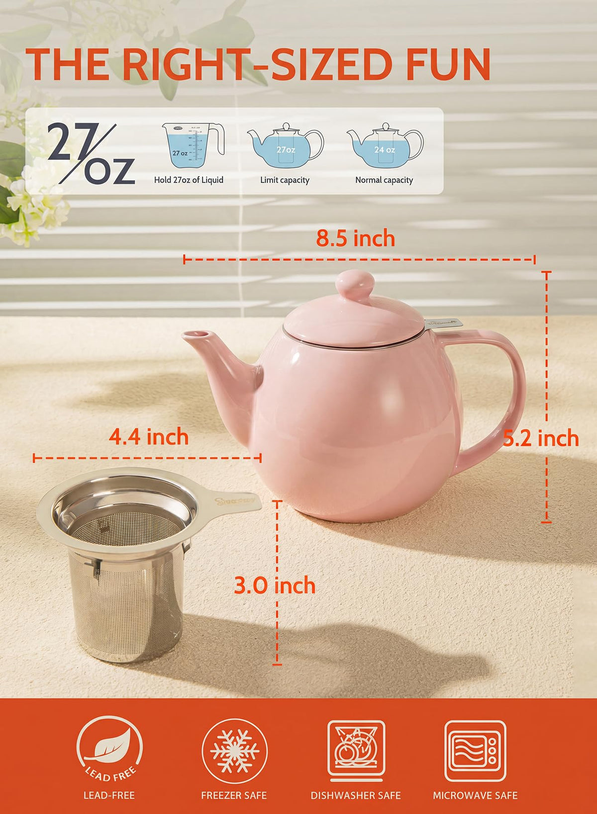 Sweese Porcelain Teapot 27 oz with Infuser for Loose Leaf Tea, Pink