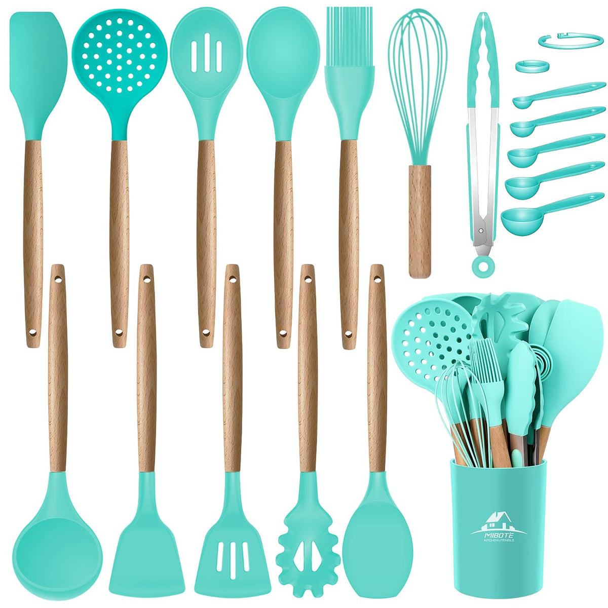 MIBOTE Silicone Cooking Kitchen Utensils Set, Wooden Handle, Teal