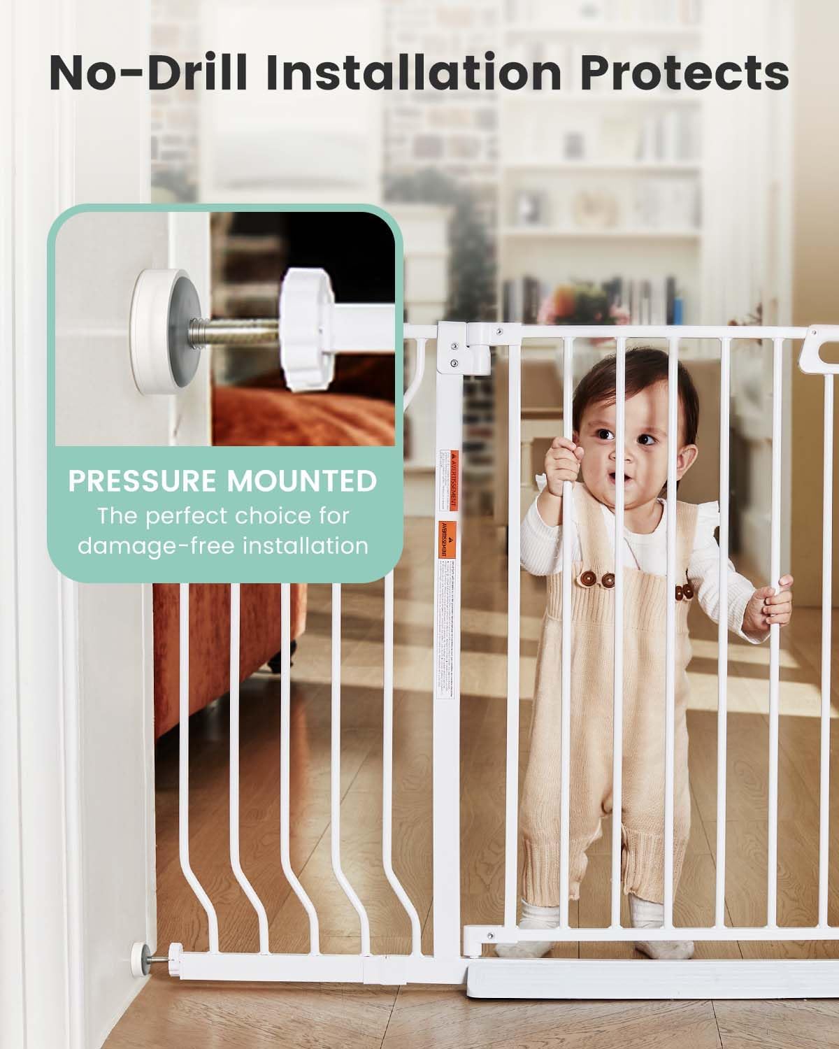 Mom's Choice-GROWNSY Baby Gate for Stairs, 29.5"-48.4" Pressure Mounted Baby Gate for Top of Stair&Doorway with V-Shaped Rods, Anti-Trip Pedal, Extra Wide Stairs Dog Gate Easy Install w/Red Reminder