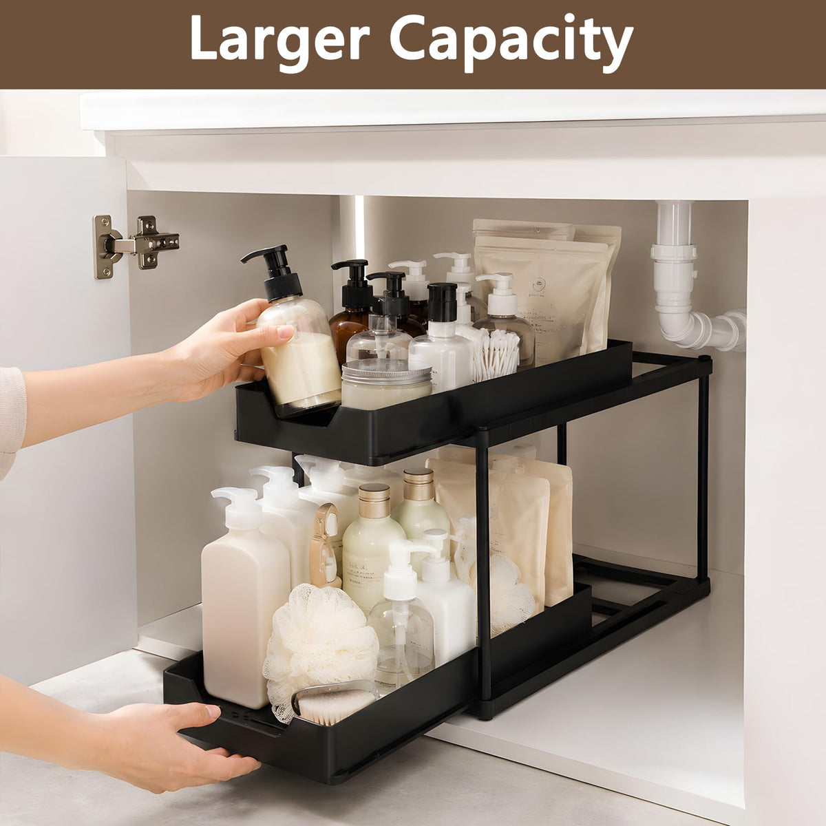 Under Sink Organizer for Bathroom & Kitchen, Large Capacity 2-Layer Sliding