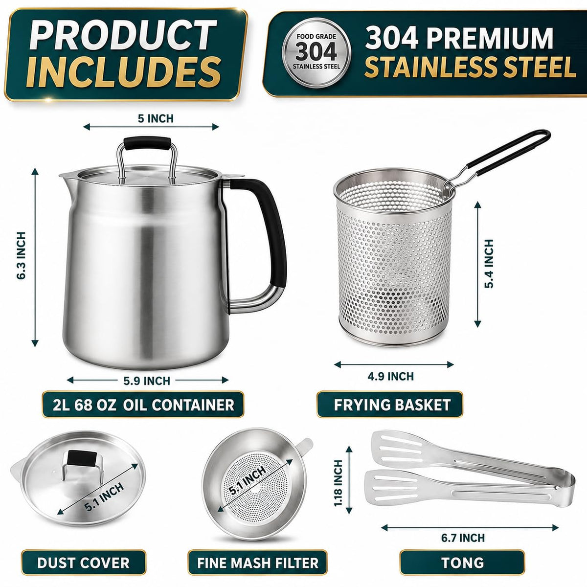 68oz 3-in-1 304 Stainless Steel Oil Filter Pot with Fine Mesh Oil Strainer & Tong, Heat-Resistant Handle, 2LCapacity Bacon Grease Container for Kitchen & Camping,Multi-Functional Frying Oil Container.