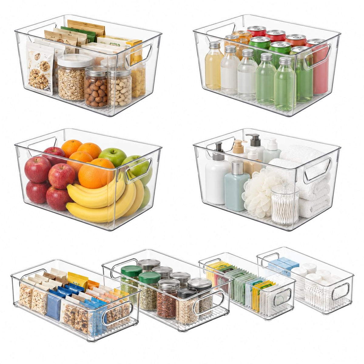8 Pack Clear Bins for Organizing, Pantry Storage Bins, 3 Sizes: 4L+2M+2S
