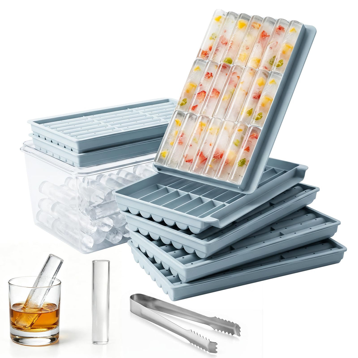 KIBTOPS 6 Pack Ice Cube Trays with Lid & Bin, 3.3-Inch Long Water Bottle Ice Stick Tray, Easy Release, Reusable, BPA Free Ice Cube Mold for Whiskey, Wine, Coffee, DIY Fun (126 sticks)