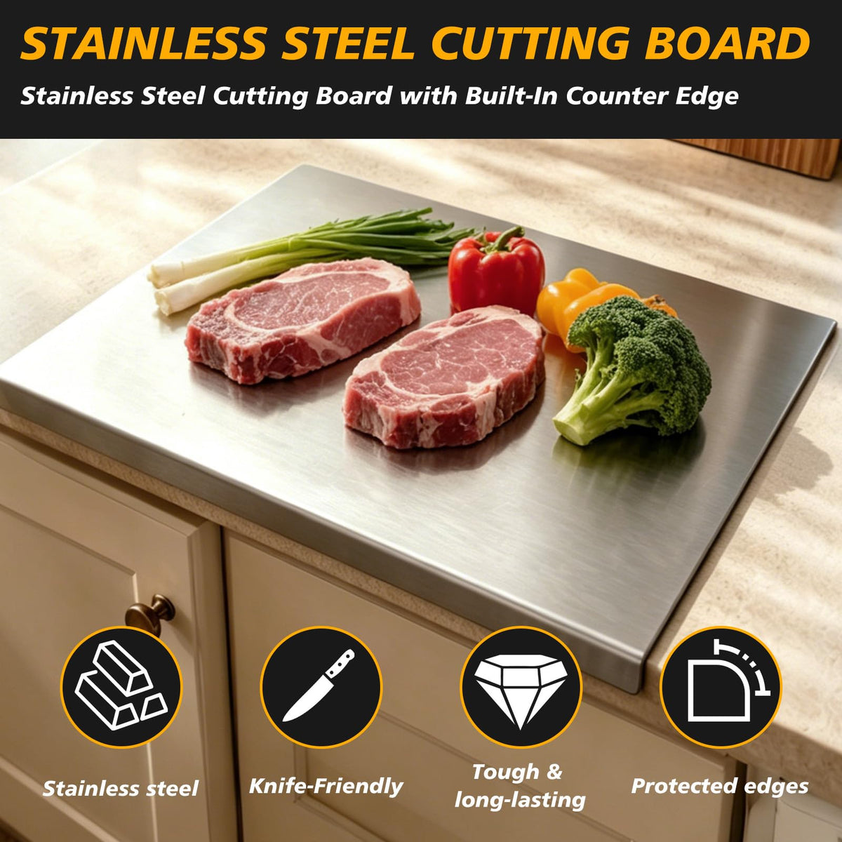 2Pcs L-Shaped Stainless Steel Cutting Board with Lip, 304 Metal Chopping Board Double-Sided Use, 15.7x11.8" & 11.8x11.8" Pastry Kneading Board for Meat Fruits Veggies Bread, Easy-Clean Dishwasher Safe