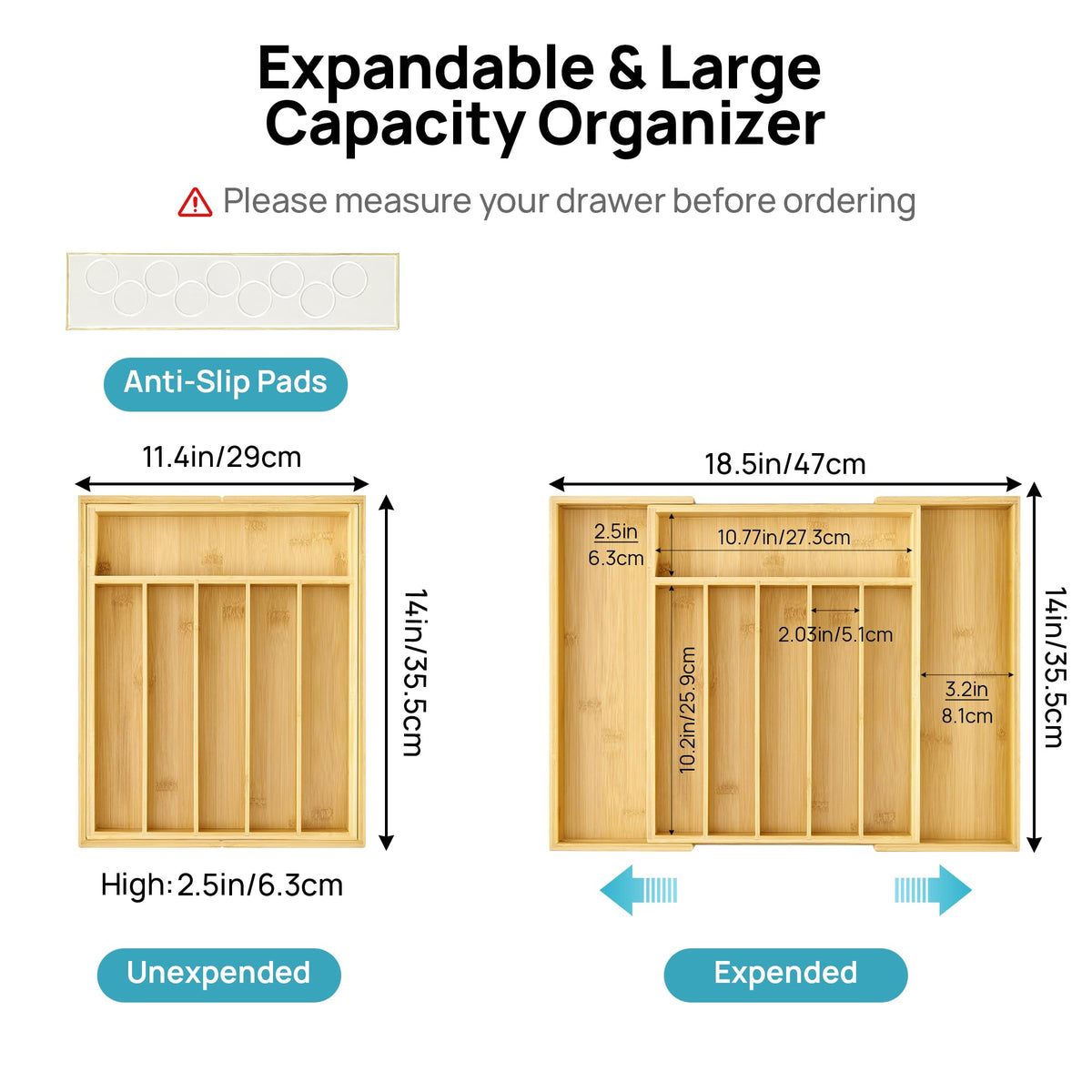 Vtopmart Expandable Bamboo Drawer Organizer for Kitchen, Adjustable Tray