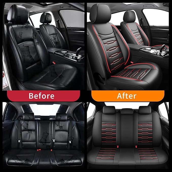 Fit HRV Car Seat Covers for Honda HR-V 2016-2024 2025 2026 - Upgraded Premium Waterproof & Breathable Leather, Airbag Compatible, All-Weather Seat Cushion Protector (Full Set, Black+Red)