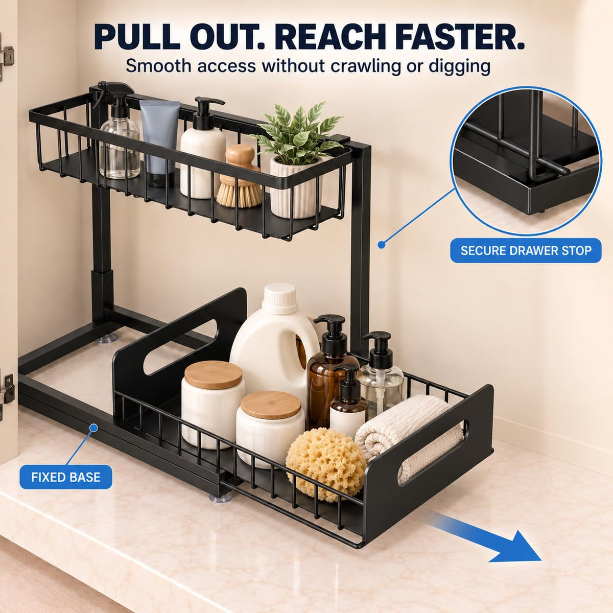 MERATIA Under Sink Organizer, 2-Tier Pull-Out Metal Drawer, 2 Pack