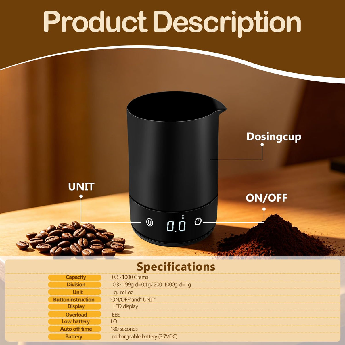 Coffee Espresso Scale, Magnetic Coffee Bean Scale Cup with LED Display