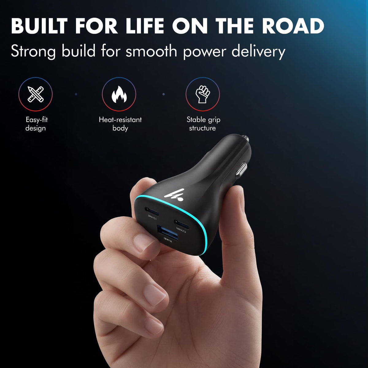PD 130W Superfast Charging 2.0 Wozoyo Car Charger, with 2XType C & USB-A, PPS & QC 3.0, Triple Port (100W + 30W + 18W), 12V–24V Compatible, Multi-Layer Protection, 2-Years Manufacturer Warranty