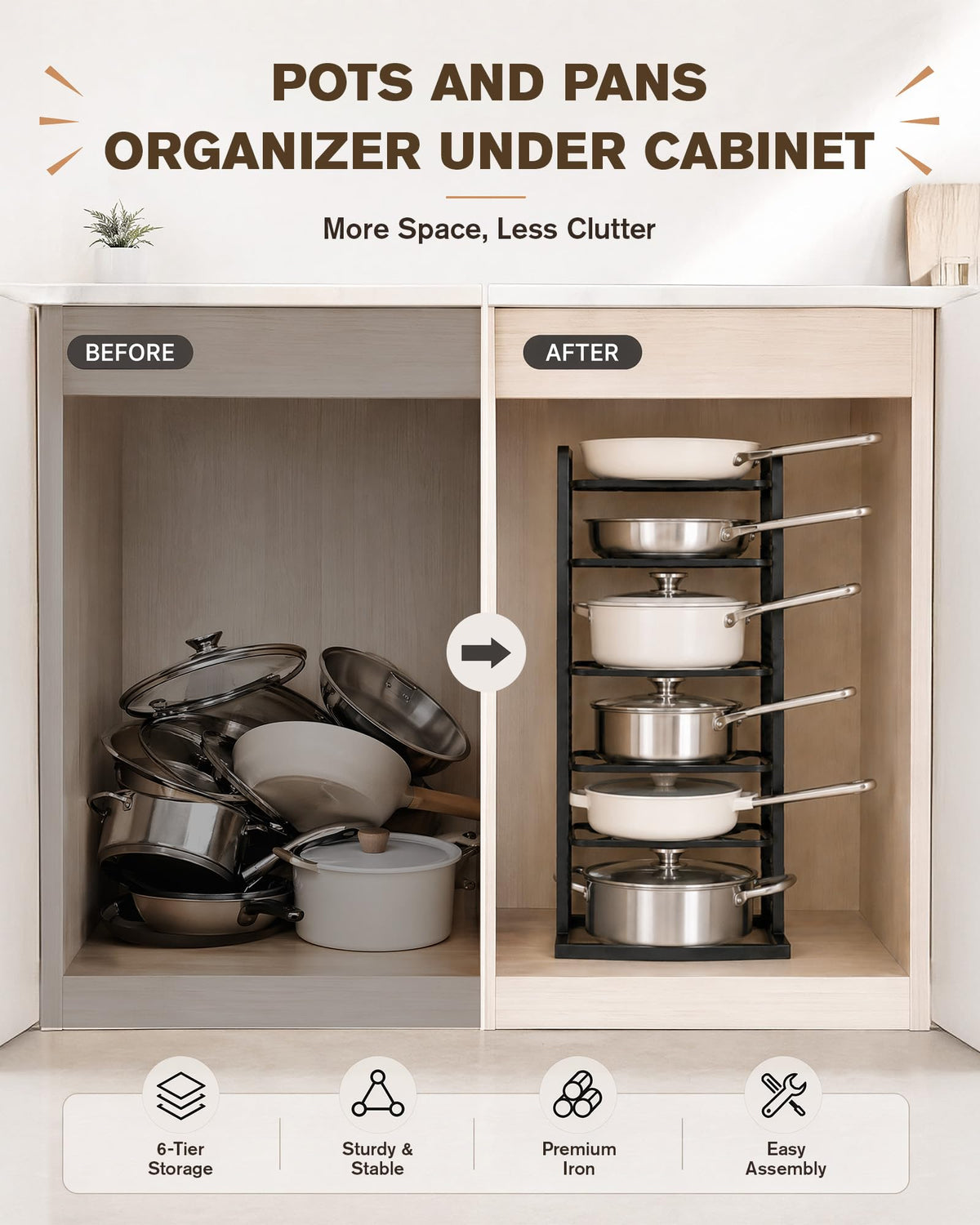 HULISEN Pots and Pans Organizer Under Cabinet, Adjustable 6-Tier Pot Rack