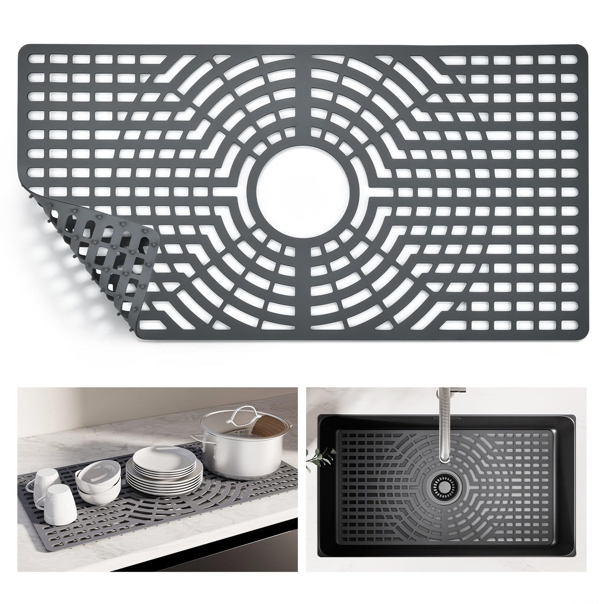 Snuggery Silicone Sink Protector for Kitchen Sink, 24"x12" Center Drain