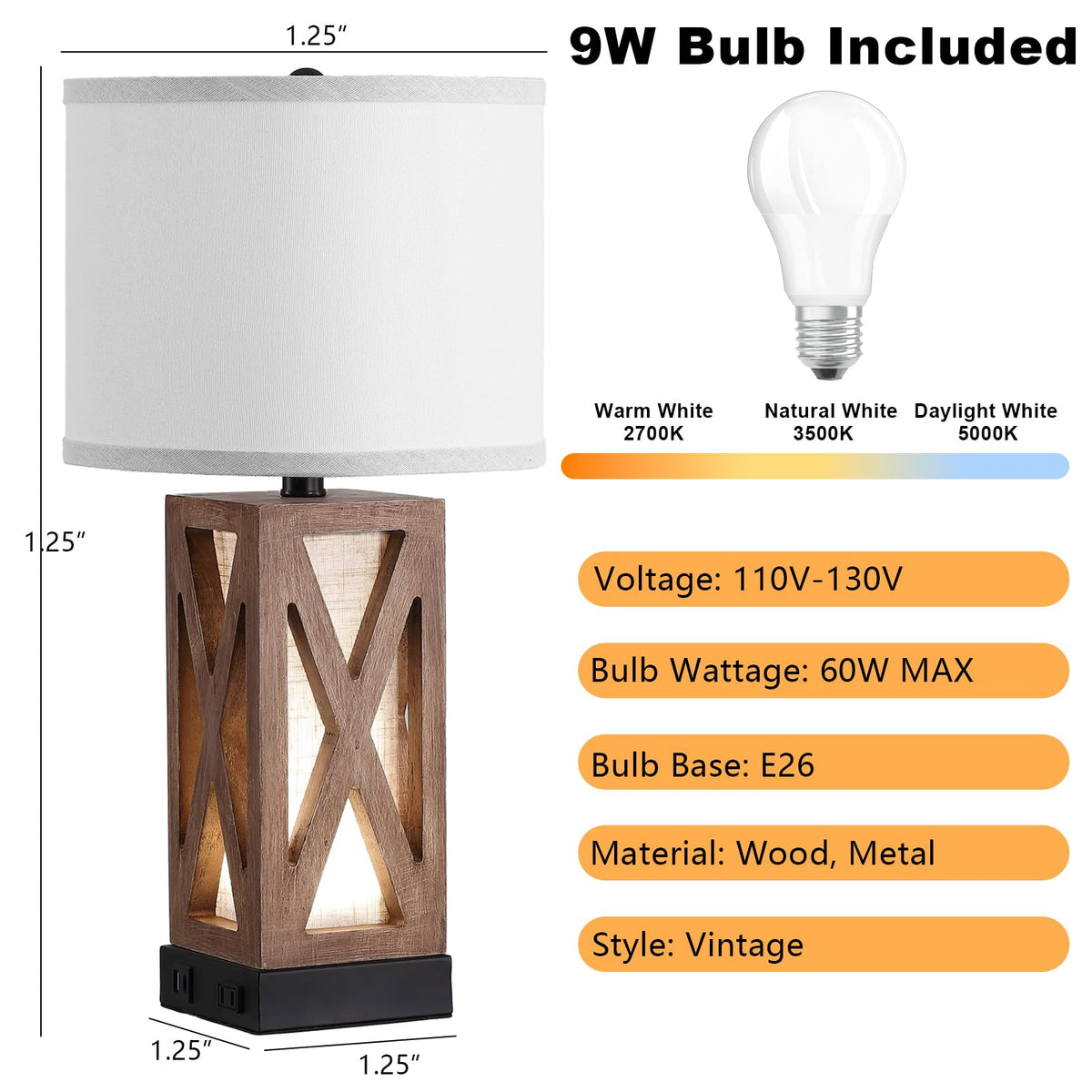 YJSQOEOE Wood Table Lamp with 3 Color Temperatures, Nightstand Table Lamp with AC Outlet, USB A & C Charging Port, Bedside Lamp for Living Room, Bedroom, Office Reading, Burlywood
