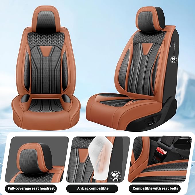 Fit Frontier Car Seat Covers Premium Leather for Nissan Frontier 2009-2025 2026. Waterproof， Breathable, Scratch-Resistant & All-Weather Seat Cushion Protector（Front Seat,Brown&Black