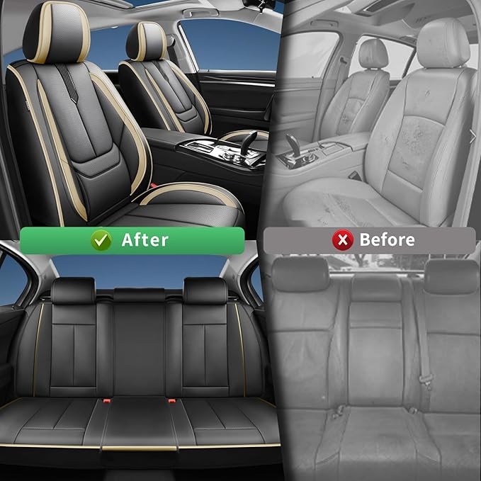 Fit Honda Fit Car Seat Covers for Honda Fit 2007-2019 2020-Upgraded Premium Waterproof & Breathable Leather,Airbag Compatible,All-Weather Seat Cushion Protector,Full Set,Black-Beige