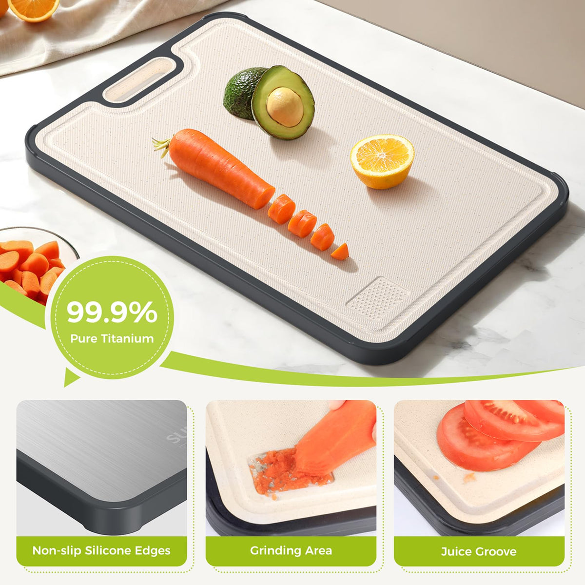 Titanium Cutting Board for Kitchen, Pure Titanium/PP, Size 16”×11”