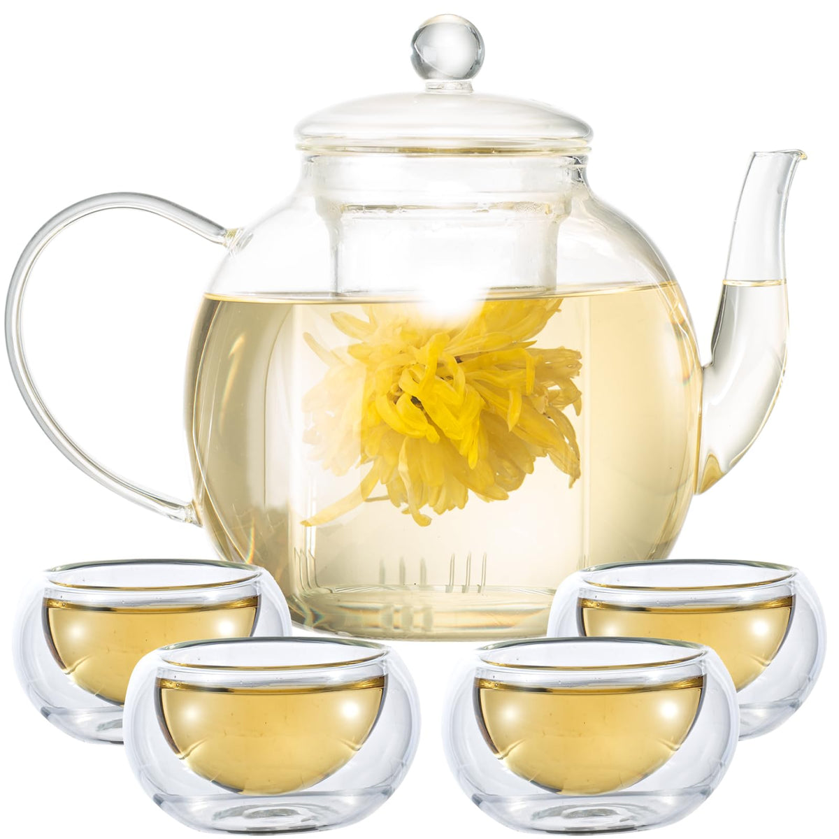 Glass Teapot Set with 4 Teacups, Large Tea Pot with Infusers