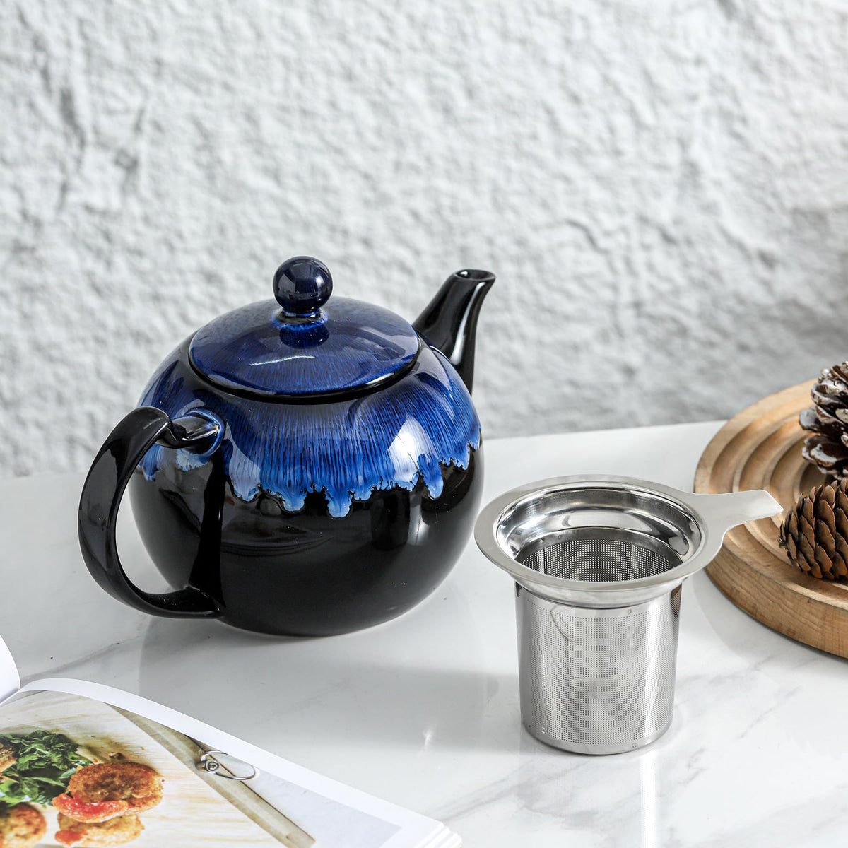 KOOV Tea Pot with Infuser for Loose Tea, 34OZ Ceramic Teapot with Infuser, Enough For 6 Cups, Tea Pots with Tea Strainers for Tea Party, Reactive Glaze (Nebula Blue)