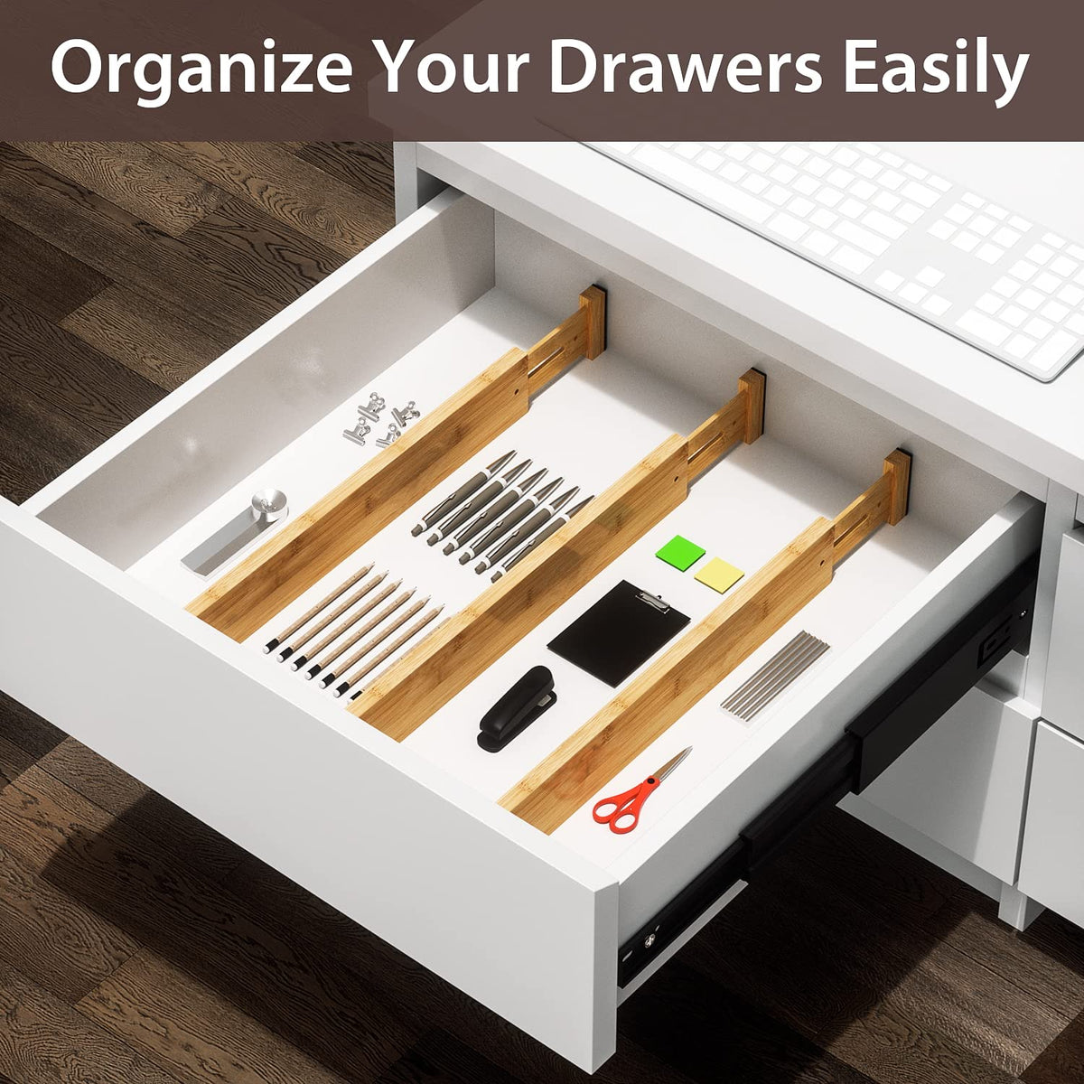 4 Pack Bamboo Drawer Dividers 17-22" Adjustable Kitchen Organizer, Natural