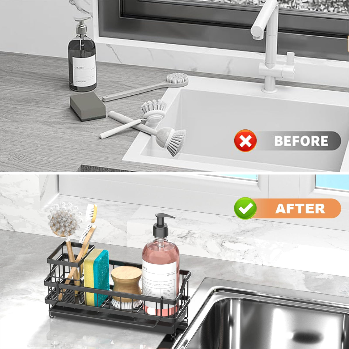 Cewomuc Sponge Holder for Kitchen Sink - Countertop Rustproof Stainless Steel, Sink Caddy, Kitchen Gadgets Accessories (Black)