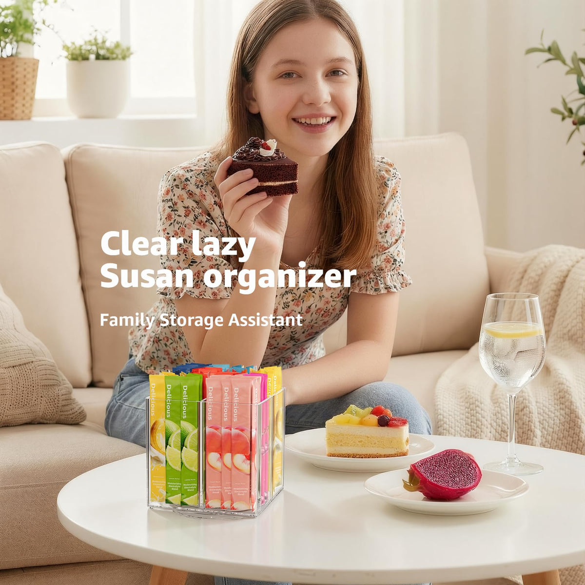 Drink Packet Organizer, Rotating Turntable Organizer with 4 Compartments