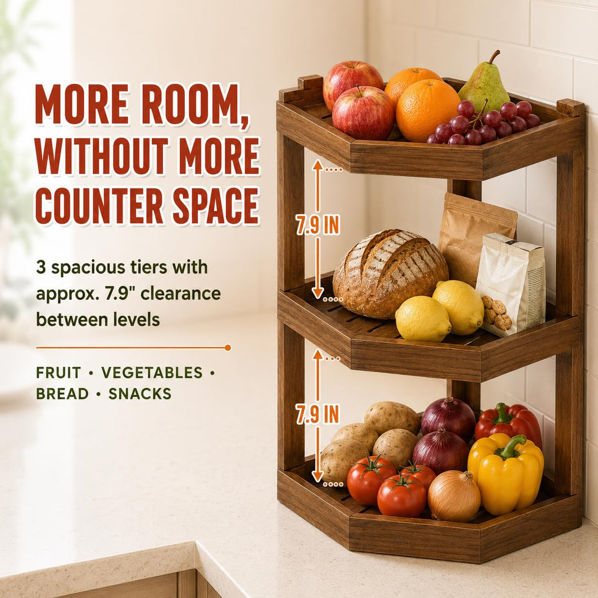 3-Tier Fruit Basket for Kitchen Counter, Corner Wood Stand, Removable Tray