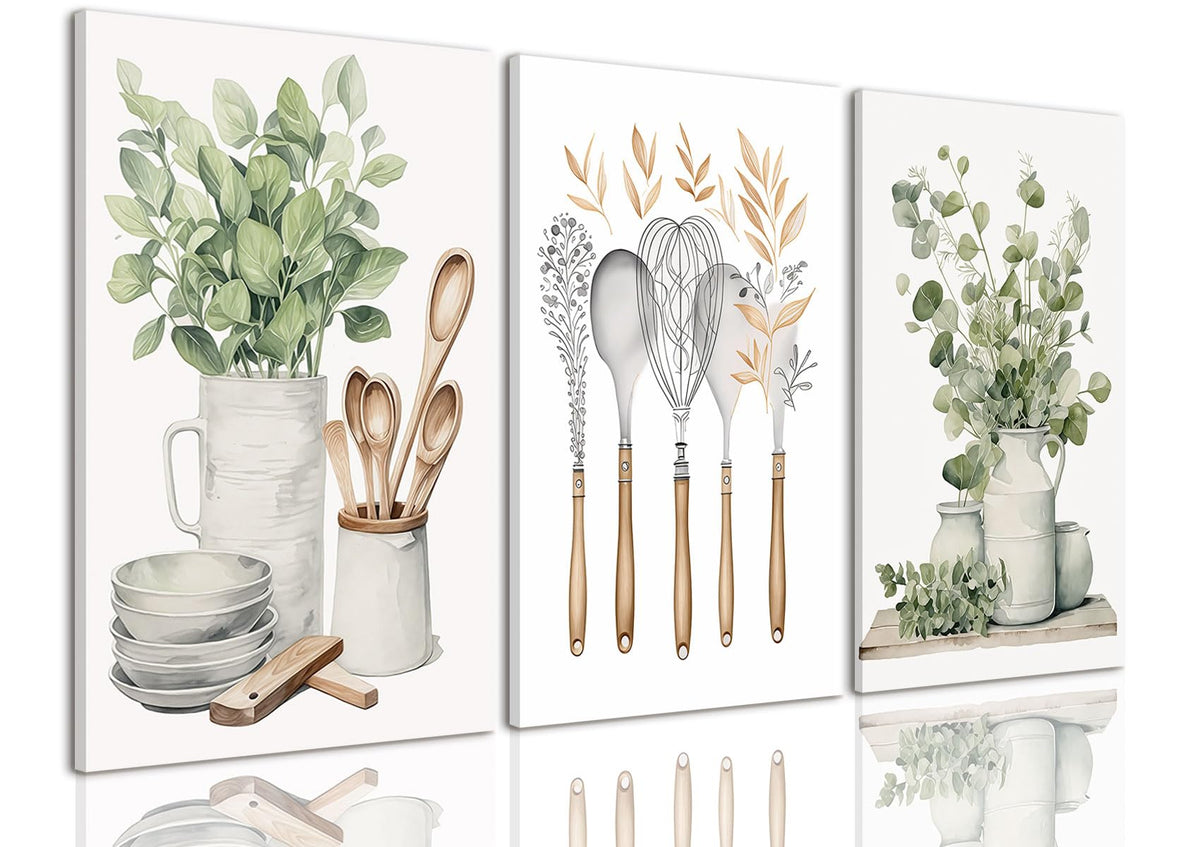 AOYUSMO 3 Piece Kitchen Wall Decor Sage Green Botanical Prints 12"x16"
