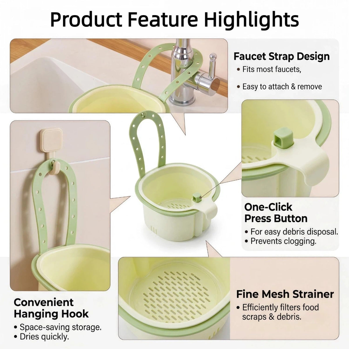 One-Click Hanging Sink Drain Basket, No-Touch Kitchen Sink Strainer Basket with Adjustable Faucet Strap, Fine Mesh Food Catcher for Food Waste, Fast Drainage, Dishwasher Safe, Fits All Kitchen Sinks