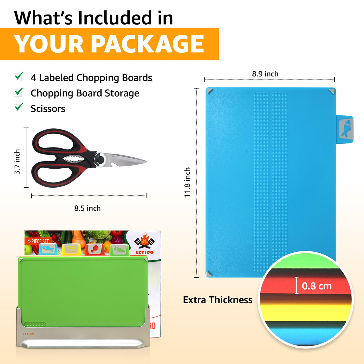 Cutting Board Set 12"L x 9"W: 4-Piece Color-Coded, Non-Slip, BPA-Free, Perfect kitchen essentials for new home, Dishwasher Safe with Premium Scissors & Chopping Board Organizer, Quality kitchen stuff.