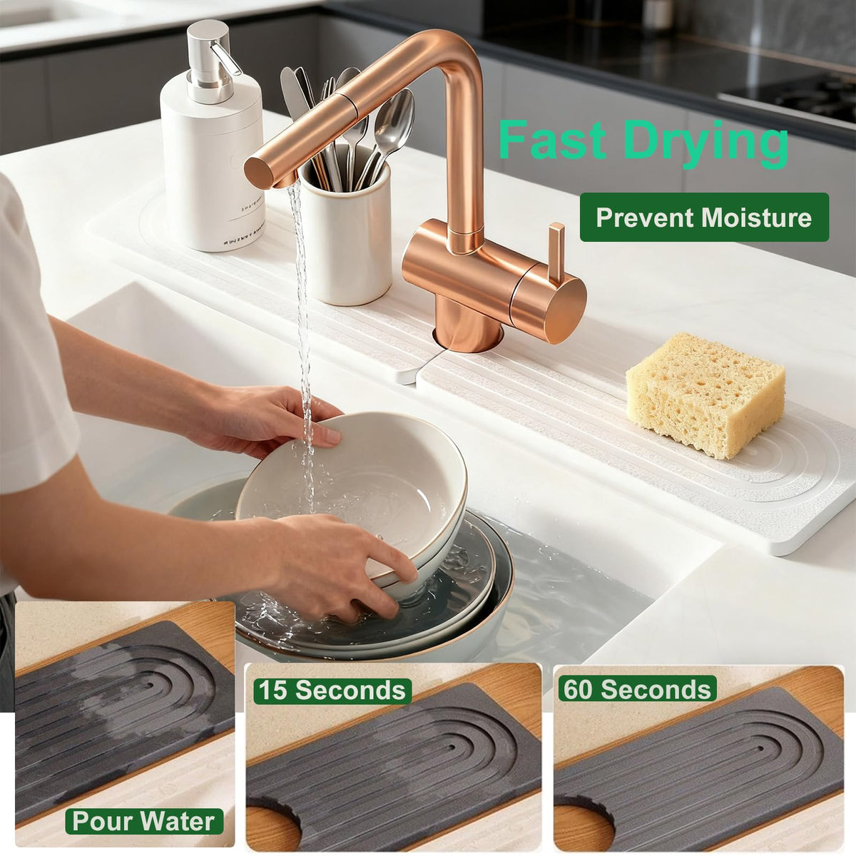 Stone Faucet Mat for Kitchen Sink, Diatomite Drying Stone Mat & Sink Protectors, Sink Water Splash Guard, Quick Dry Water Absorbing Non-Slip Stone Tray Prevent Moisture for Kitchen Bathroom Counter