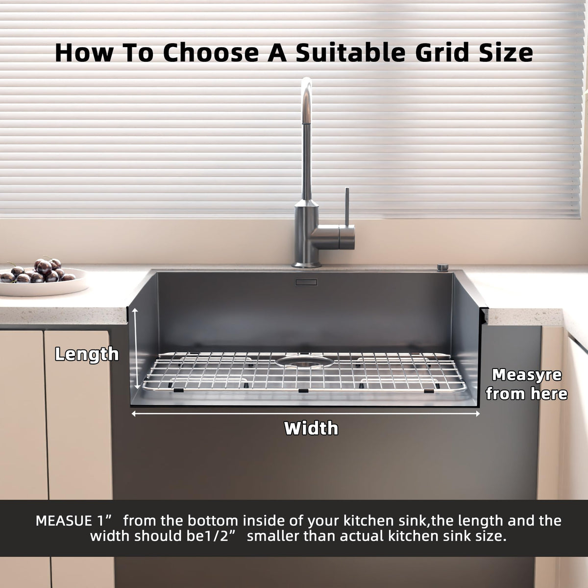 BOMD Sink Protector Grid 26-1/16" x 14-1/16", Centered Drain with Corner Radius 3-1/2" for Kitchen Sink Centered Drain with Corner Radius, 304 Stainless Steel Material