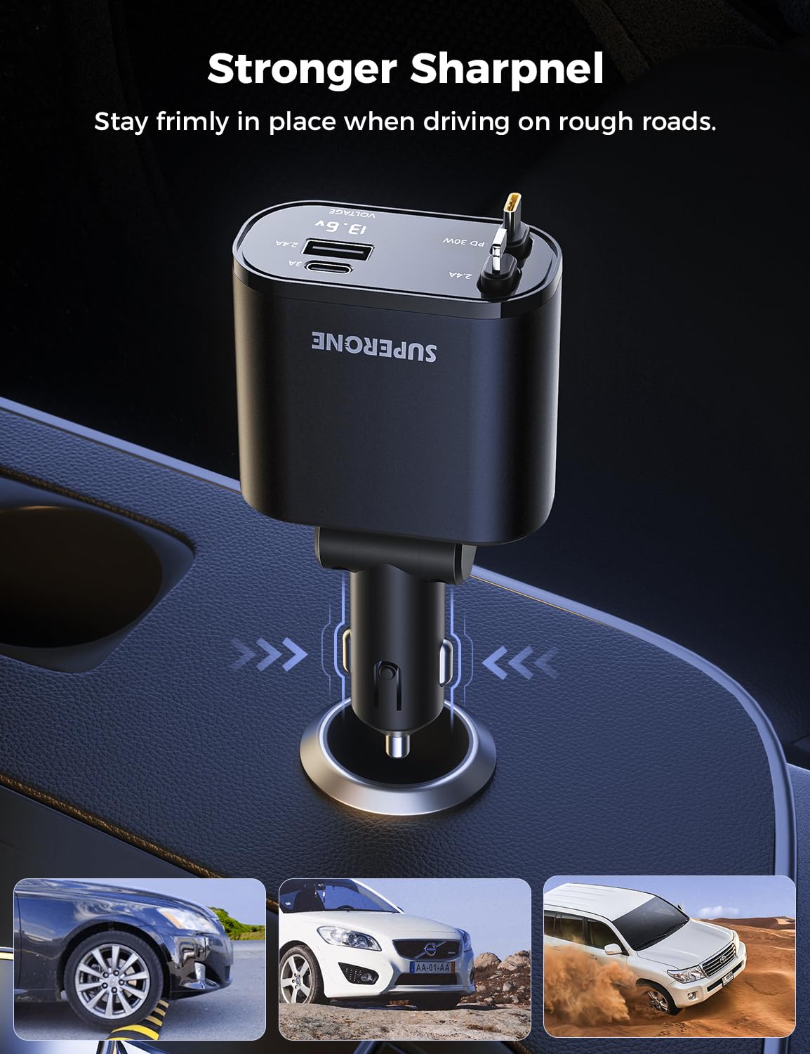 [Upgraded] SUPERONE Retractable Car Charger 4 in 1 Fast Phone Charger
