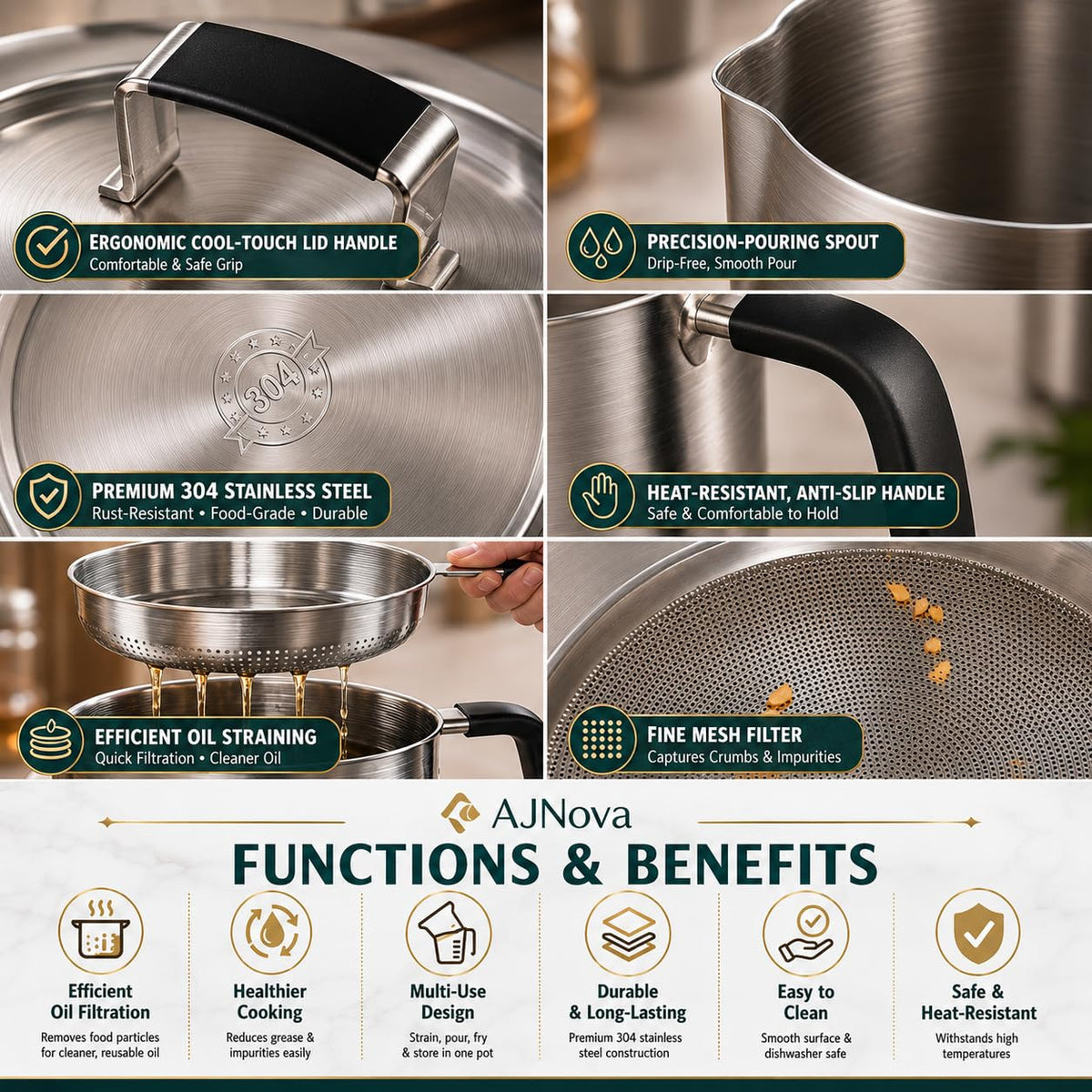 68oz 3-in-1 304 Stainless Steel Oil Filter Pot with Fine Mesh Oil Strainer & Tong, Heat-Resistant Handle, 2LCapacity Bacon Grease Container for Kitchen & Camping,Multi-Functional Frying Oil Container.