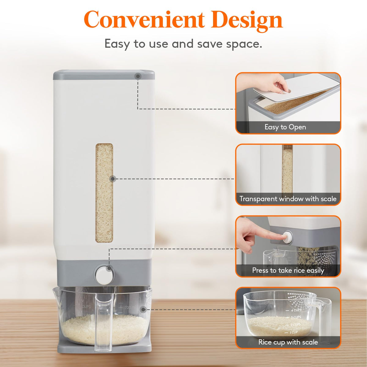 Lifewit Rice Container 25 Lbs, One-Press Dispenser with Measuring Cup