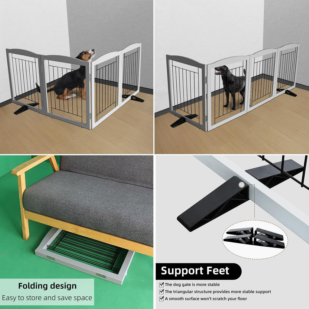 ZJSF Freestanding Dog Fence Indoor, Foldable Dog Gate for Doorways, Stairs or Hallways, Sturdy Wood Extra Wide Pet Gate with Support Feet for The House, Grey, 24 "Height-4 Panels