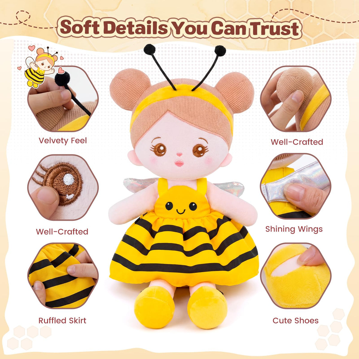 OUOZZZ Soft Baby Doll 12.6" Yellow Bee Dress Snuggle Buddy Doll