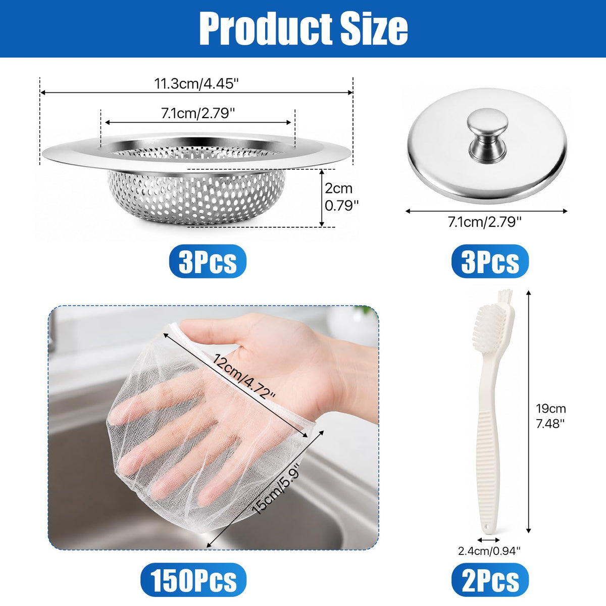 4.5"Stainless Steel Sink Drain Strainer Set of 3,150 Disposable Drain Cover