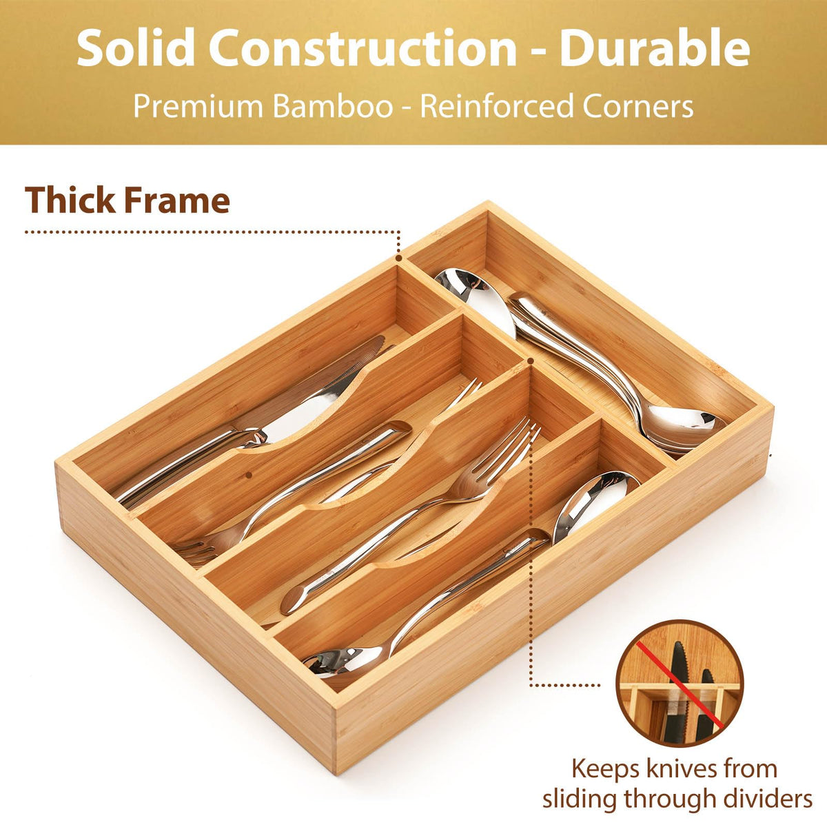 Umilife Kitchen Drawer Organizer, 10 Inch Silverware Utensil Tray Holder, Extra Deep, with Non-Slip Feet & Grooved Drawer Divider, 5 Slots Total Bamboo Wood Caddy for Flatware Cutlery Knives