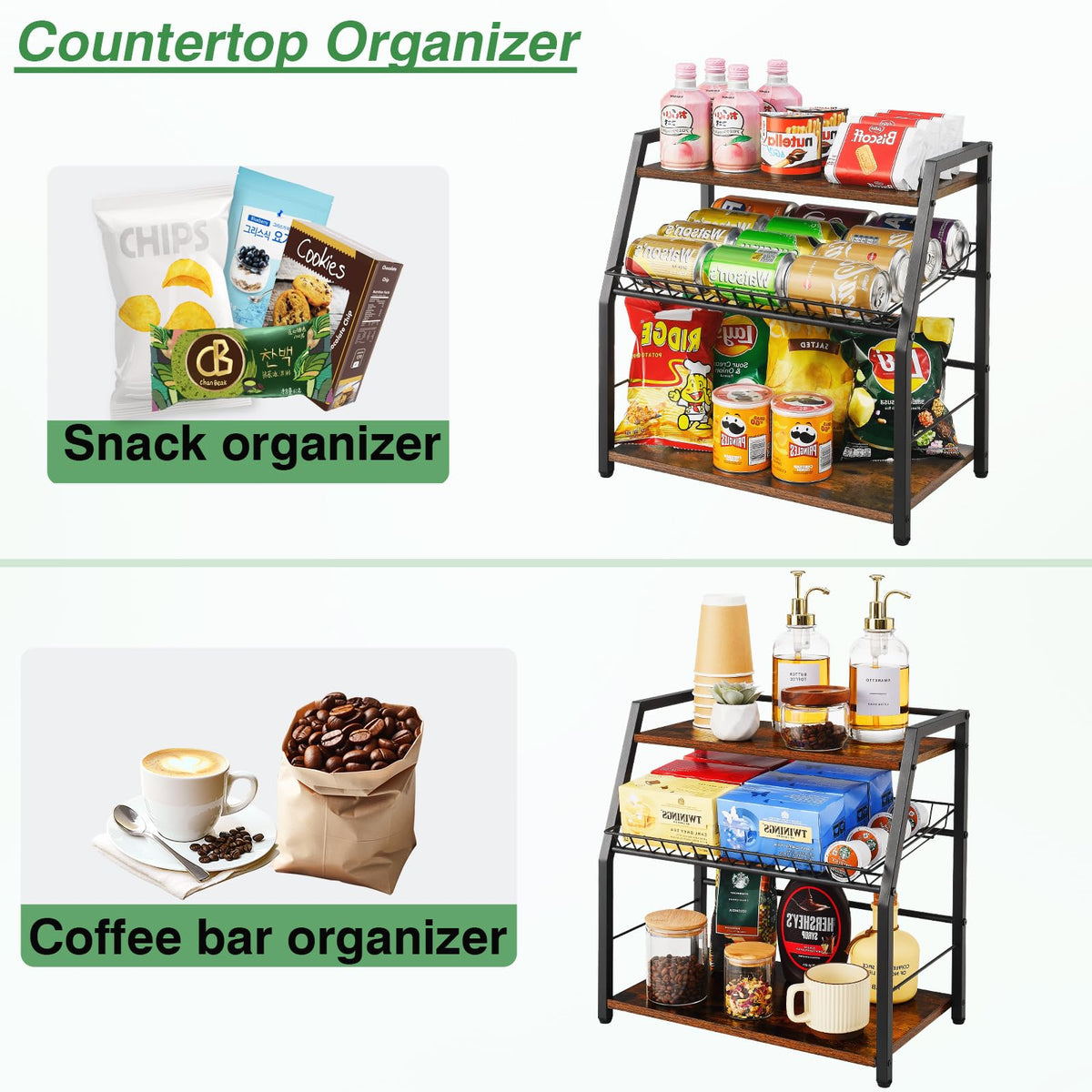 YIYYZI Kitchen Countertop Organizer, 3 Tiers Snack Organizer Wooden Candy Display Stand Coffee Station Organizer, Counter Storage for Soda Cans Condiment Tea, for Pantry Office