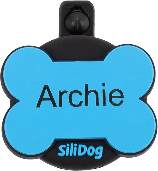 SiliDog AirTag Holder Silent Dog ID Tag – Personalized Engraved Silicone Pet Tag – Durable, Glow-in-The-Dark – Blue Bone