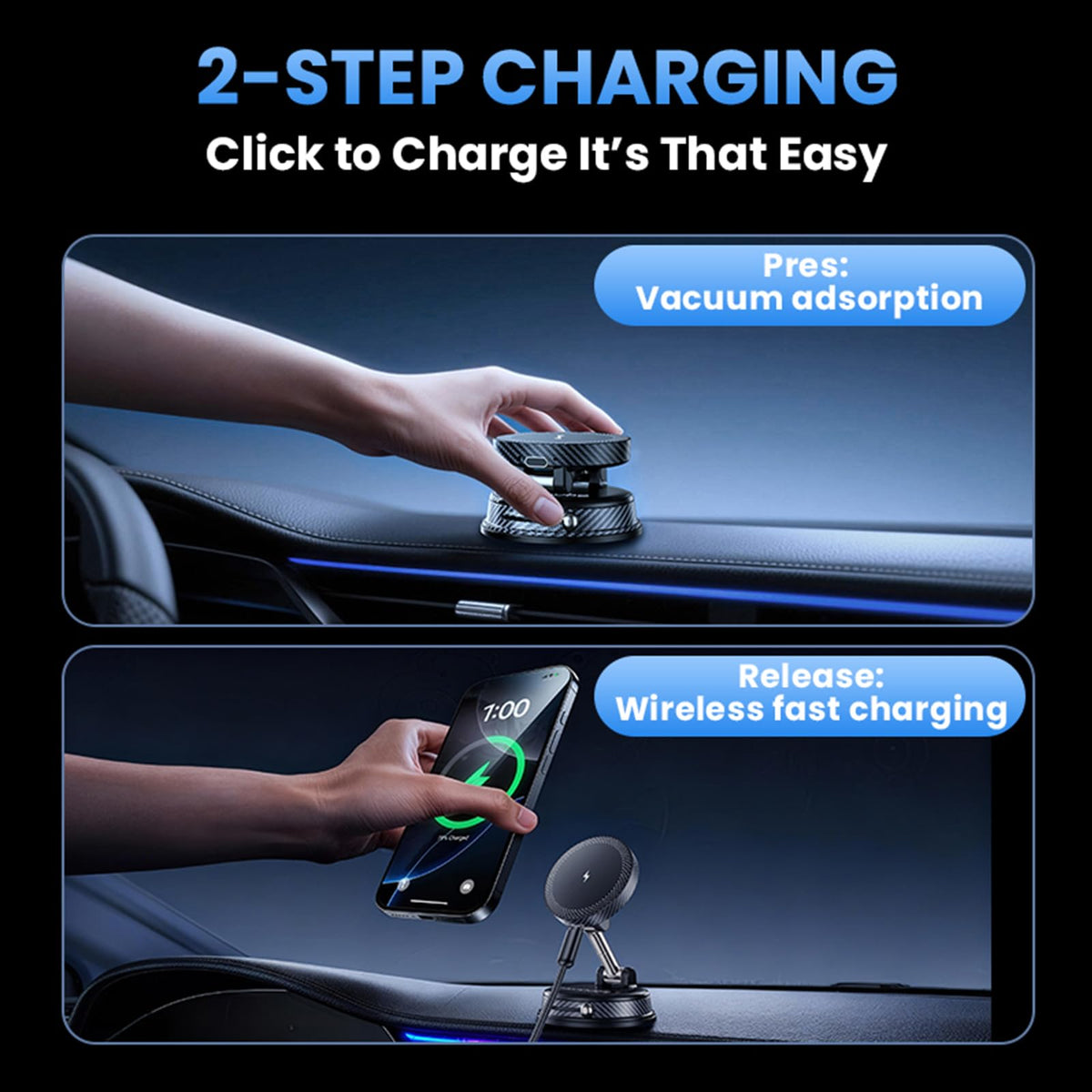 15W Wireless Charging Car Phone Holder, Vacuum Magnetic Mount with Suction