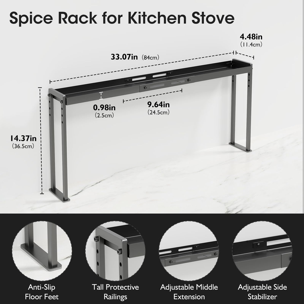Bumusty Adjustable Stove Top Shelf, 4-Level Spice Rack, Black