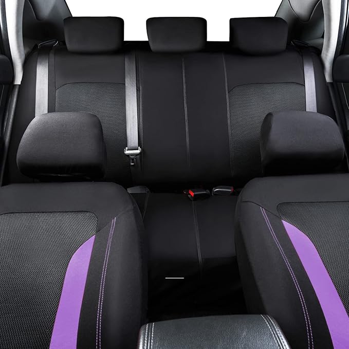 CAR PASS 3D Air Mesh Car Seat Covers Full Set, Breathable Sporty Rear Bench With Zipper for Armrest Box Universal Fit 95% Automotive SUV,Truck,Sedan Interior Cute Women Airbag Compatible, Black Purple