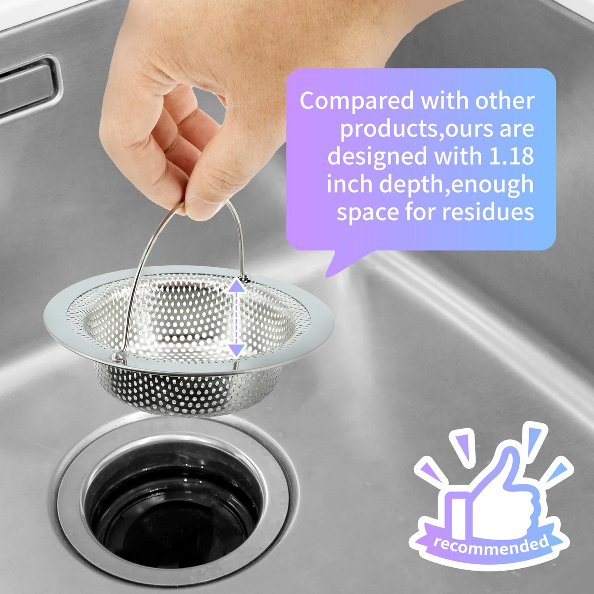 Giramika 2 Pack Kitchen Sink Drain Strainer with Handle, Stainless Steel Large Kitchen Sink Drain Basket Food Catcher, Outer Diameter 4.5 Inch, Rust Free