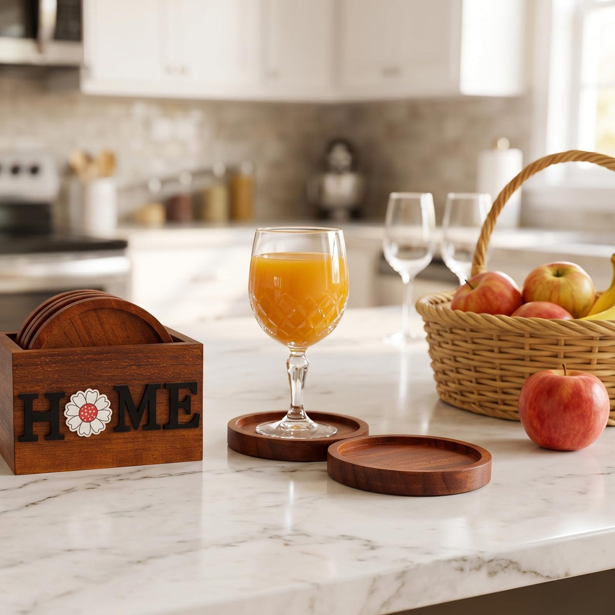 Wooden Coasters Set of 4 for Drink with Holder Table Decor