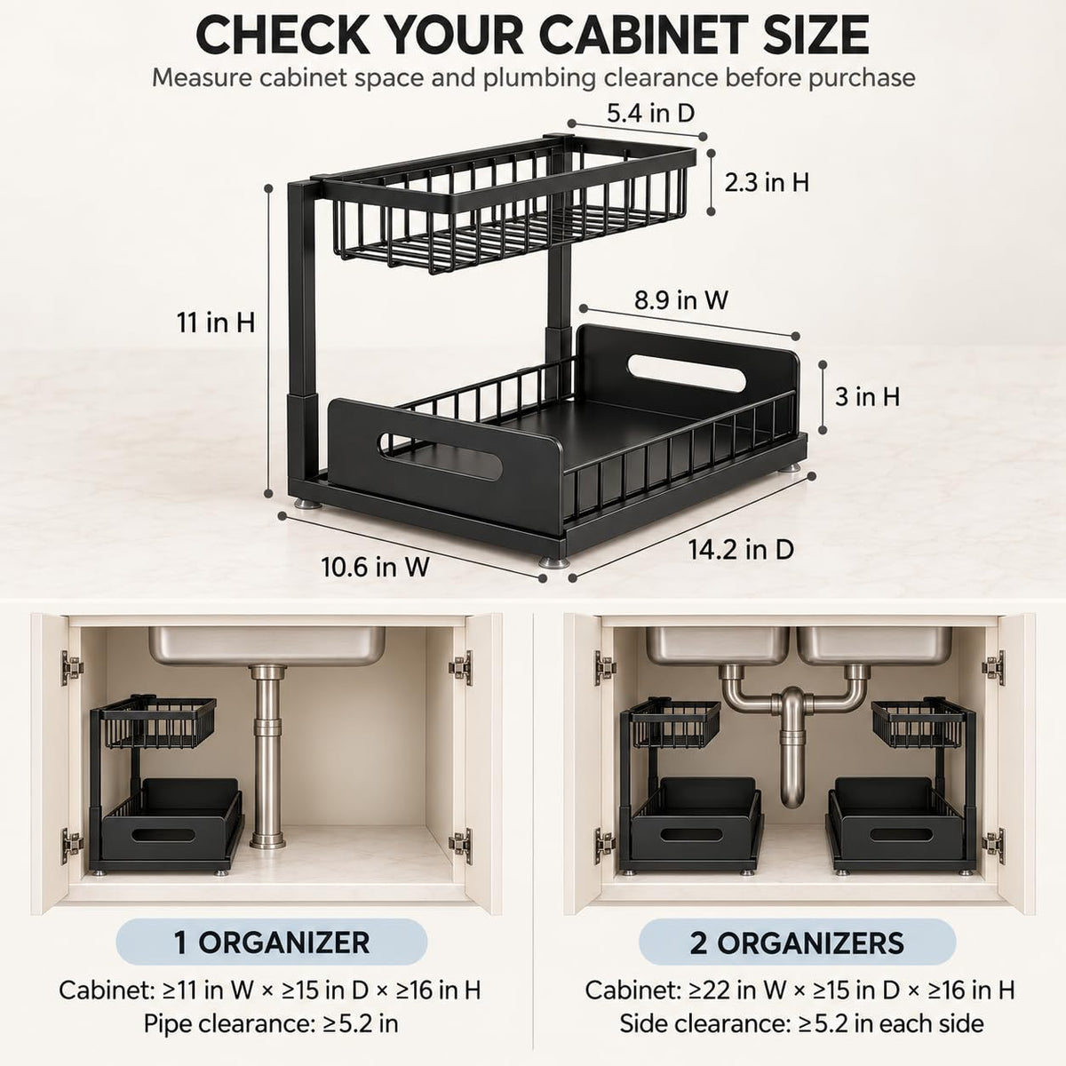 MERATIA Under Sink Organizer, 2-Tier Pull-Out Metal Drawer, 2 Pack