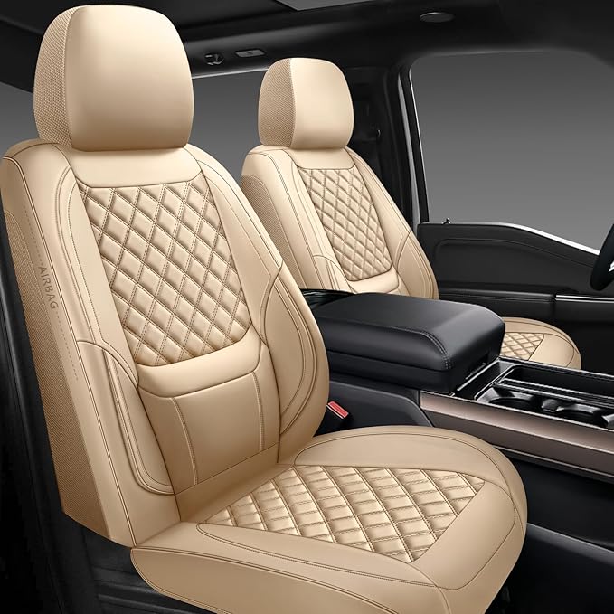 Car Seat Covers Front Pair,Universal Fit for Cars,SUVs,Trucks,and Sedans,Faux Leather Car Seat Cushion Compatible with Airbags,Waterproof Car Seat Protector,Beige
