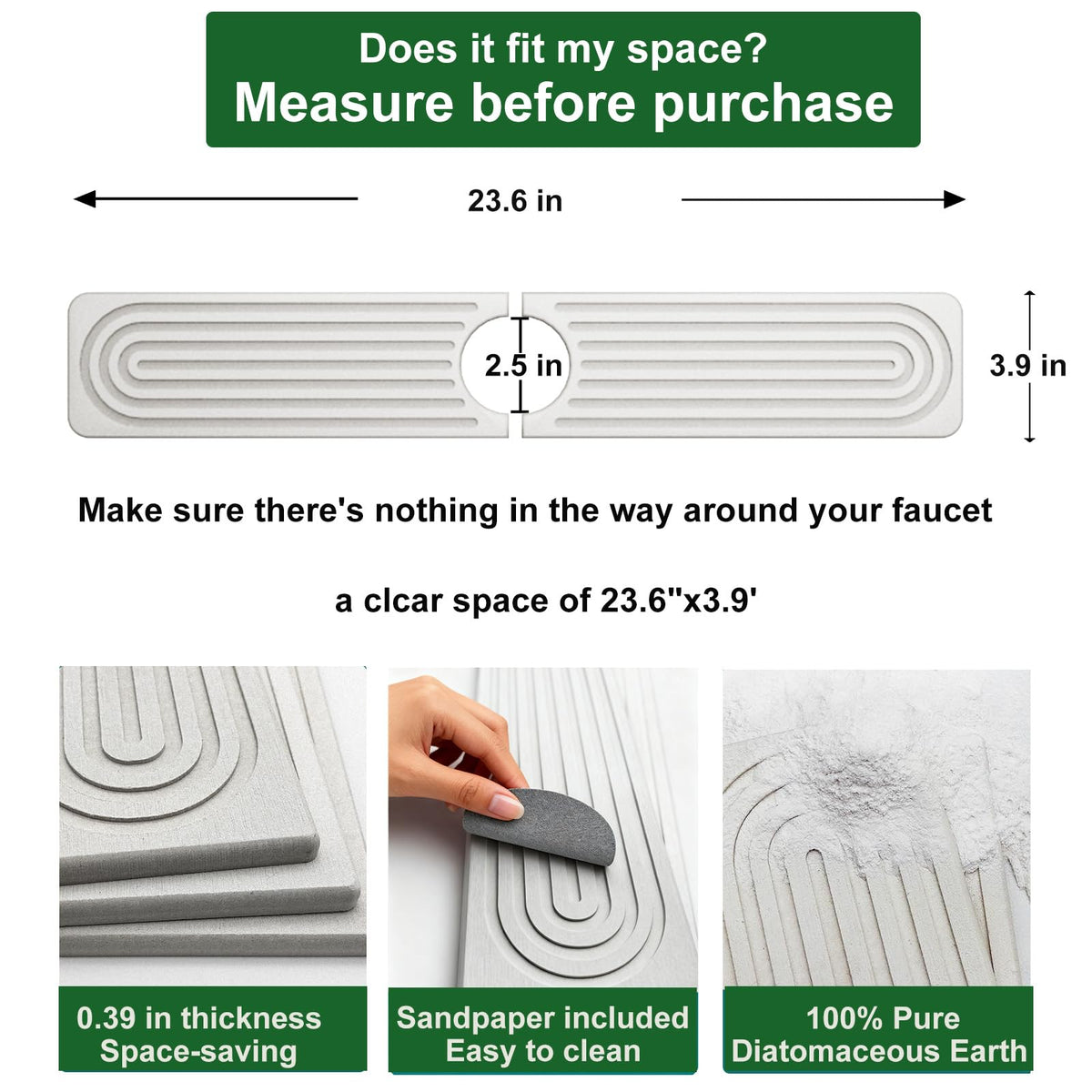 Stone Faucet Mat for Kitchen Sink, Diatomite Drying Stone Mat & Sink Protectors, Sink Water Splash Guard, Quick Dry Water Absorbing Non-Slip Stone Tray Prevent Moisture for Kitchen Bathroom Counter
