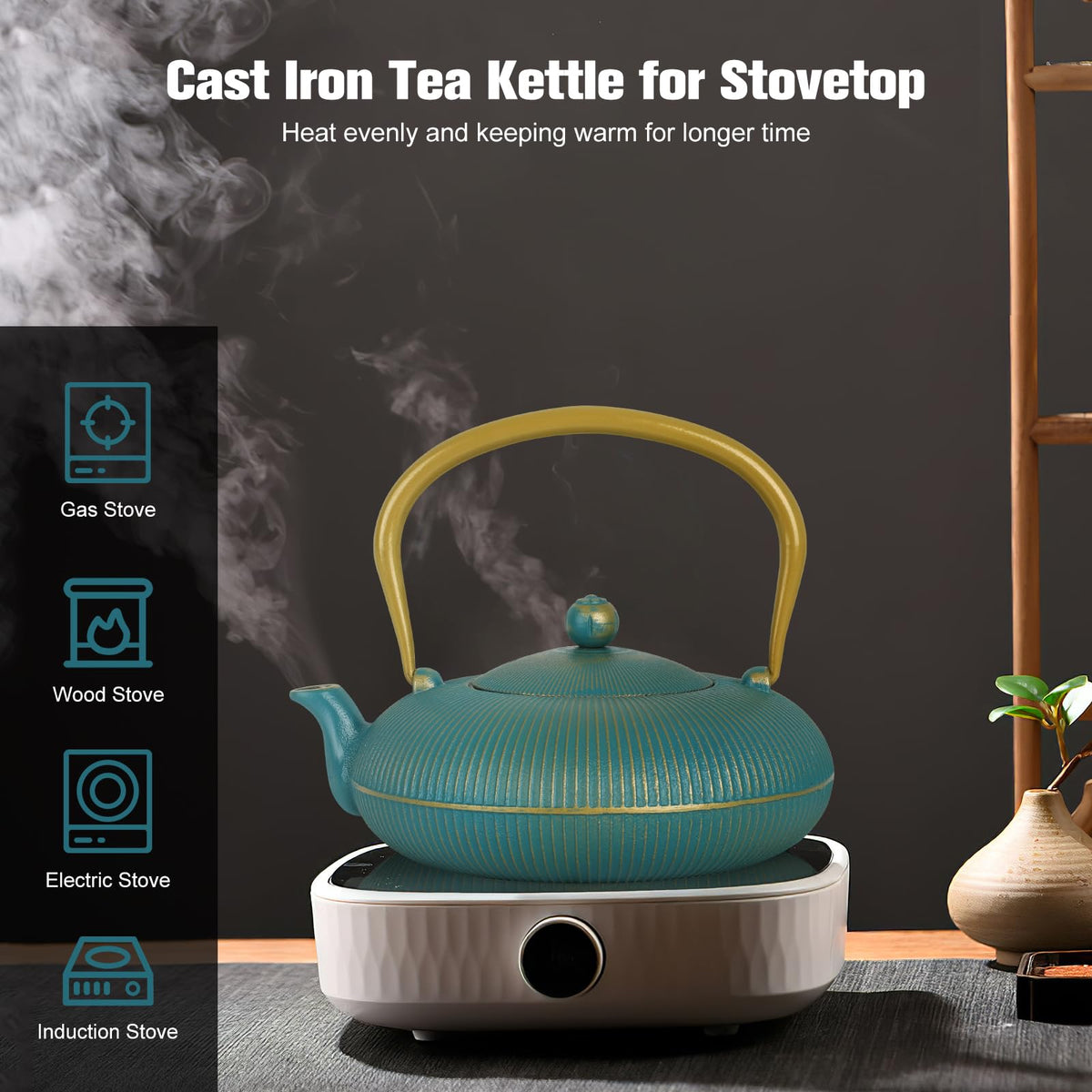 Jotsport Green Cast Iron Teapot 40oz/1200ml with Infuser for Loose Leaf